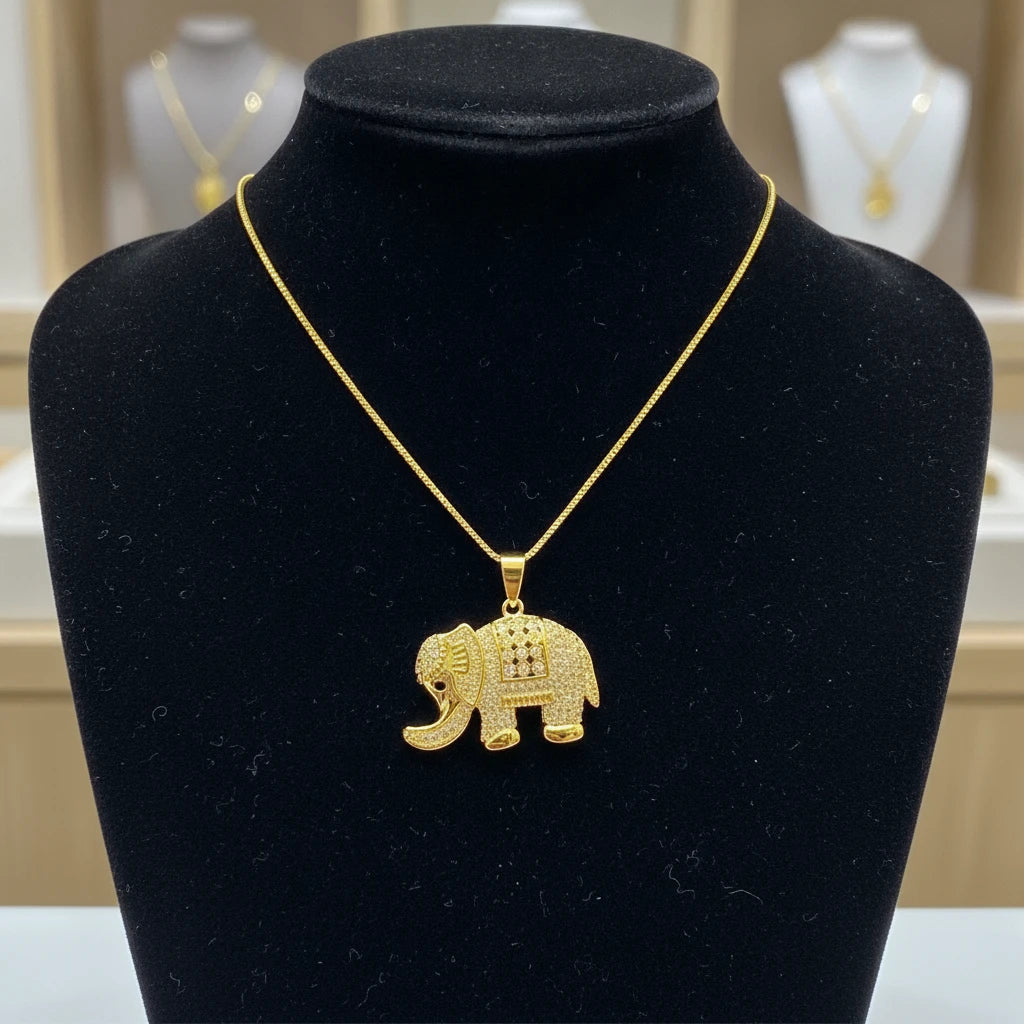 Studded Elephant Pendant Necklace - 18K Gold Plated