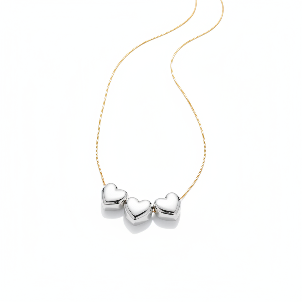 Three Heart Bi-Color Necklace - White Rhodium and 18K Gold Plated