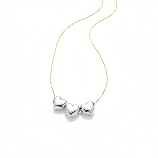 Three Heart Bi-Color Necklace - White Rhodium and 18K Gold Plated
