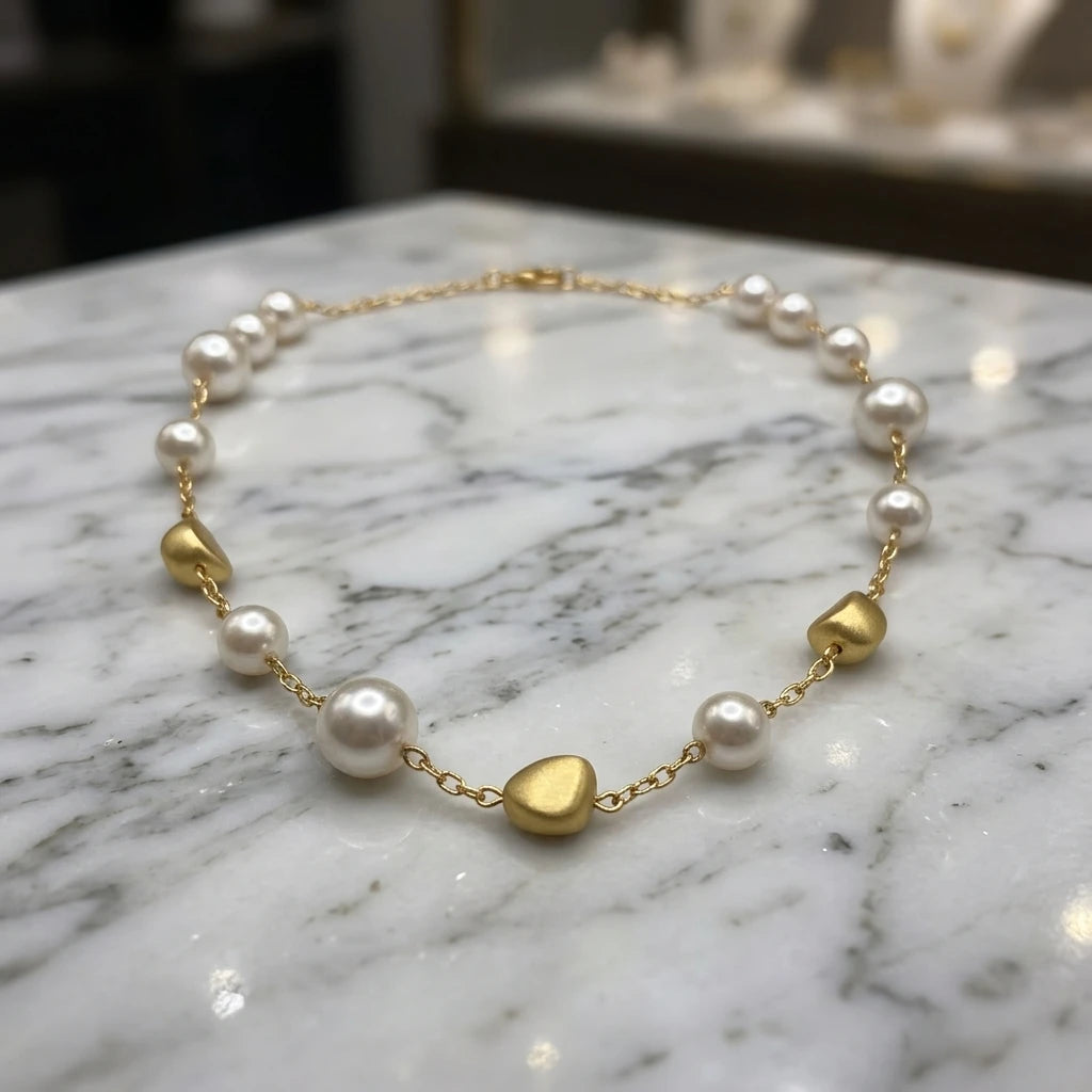 Brushed Details and Pearls Necklace - 18K Gold Plated