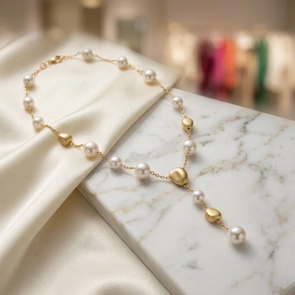 Brushed Details and Pearls Necklace - 18K Gold Plated