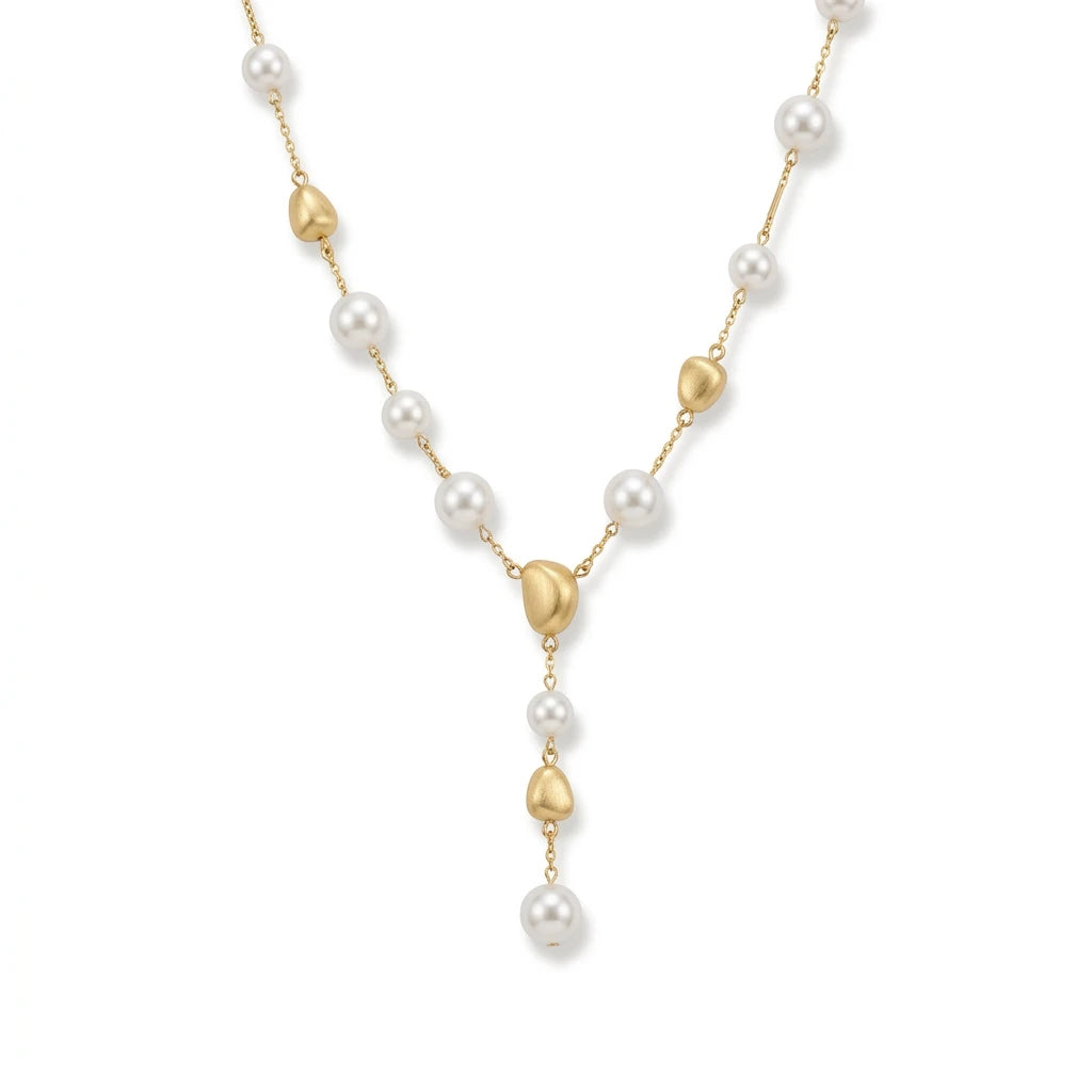 Brushed Details and Pearls Necklace - 18K Gold Plated