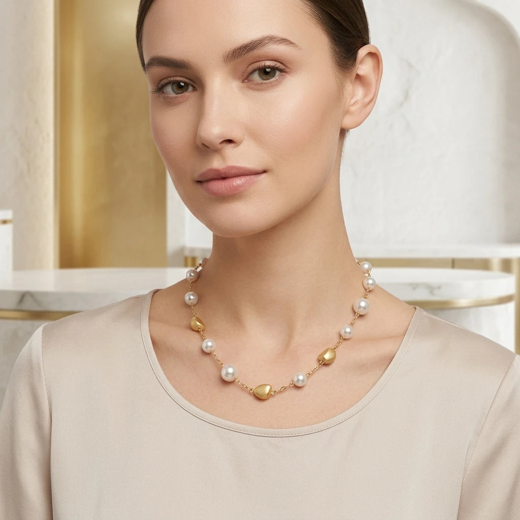 Brushed Details and Pearls Necklace - 18K Gold Plated
