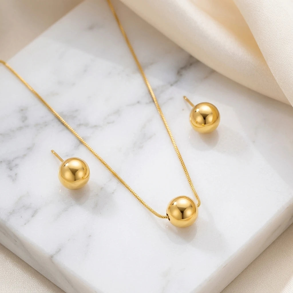Delicate Ball Necklace and Earrings Set - 18K Gold Plated