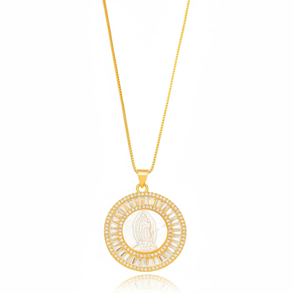 Religious Mother Pearl Baguette Medallion Necklace - 18K Gold Plated