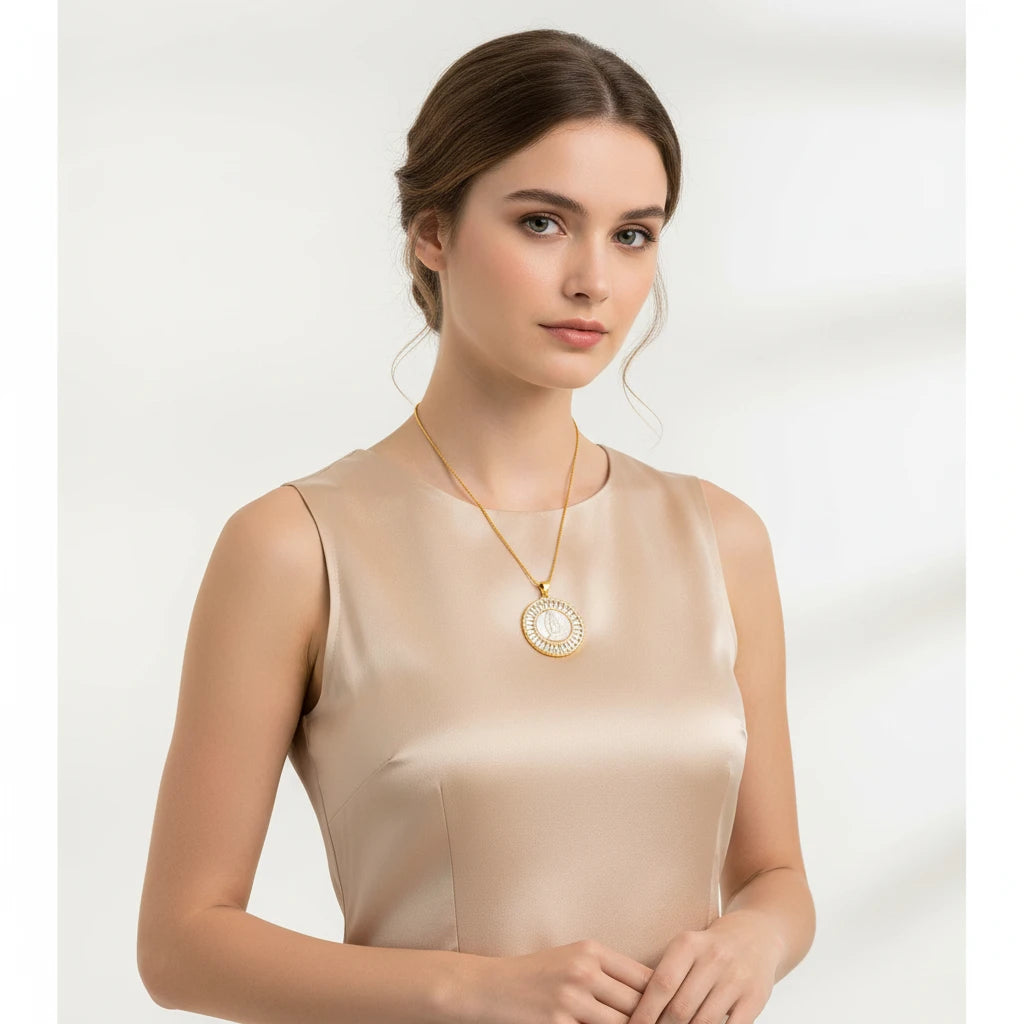 Religious Mother Pearl Baguette Medallion Necklace - 18K Gold Plated