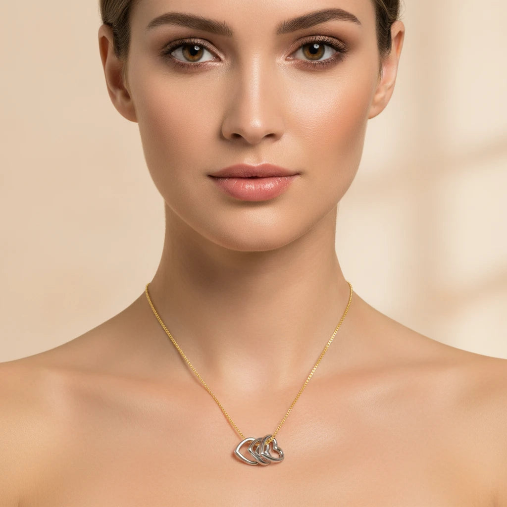 Three Heart Bi Color Necklace - 18K Gold Plated