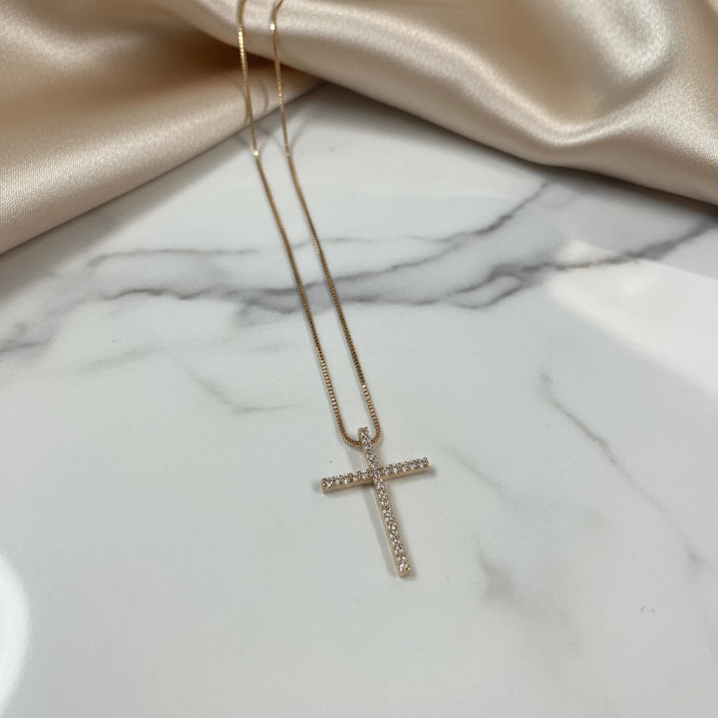 Religious Cross Studded Zirconia Pendant Necklace - 18K Gold Plated
