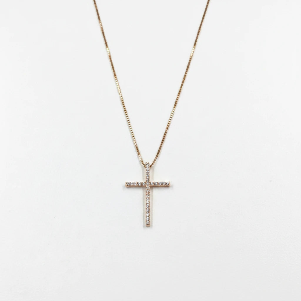 Religious Cross Studded Zirconia Pendant Necklace - 18K Gold Plated