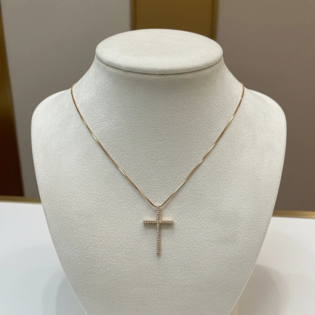 Religious Cross Studded Zirconia Pendant Necklace - 18K Gold Plated