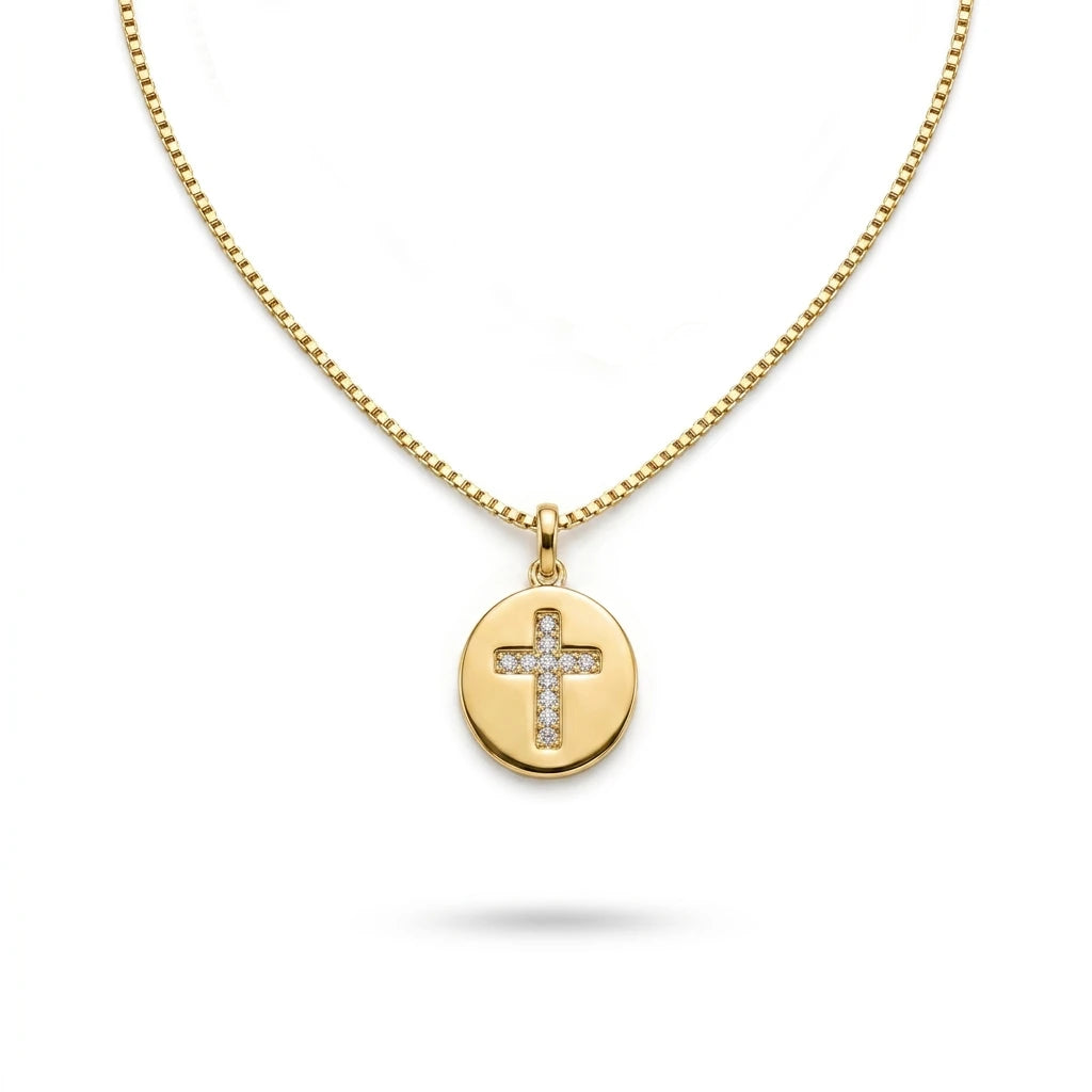 Religious Studded Zirconia Cross Pendant Necklace -18K Gold Plated