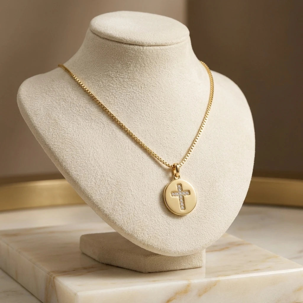 Religious Studded Zirconia Cross Pendant Necklace -18K Gold Plated