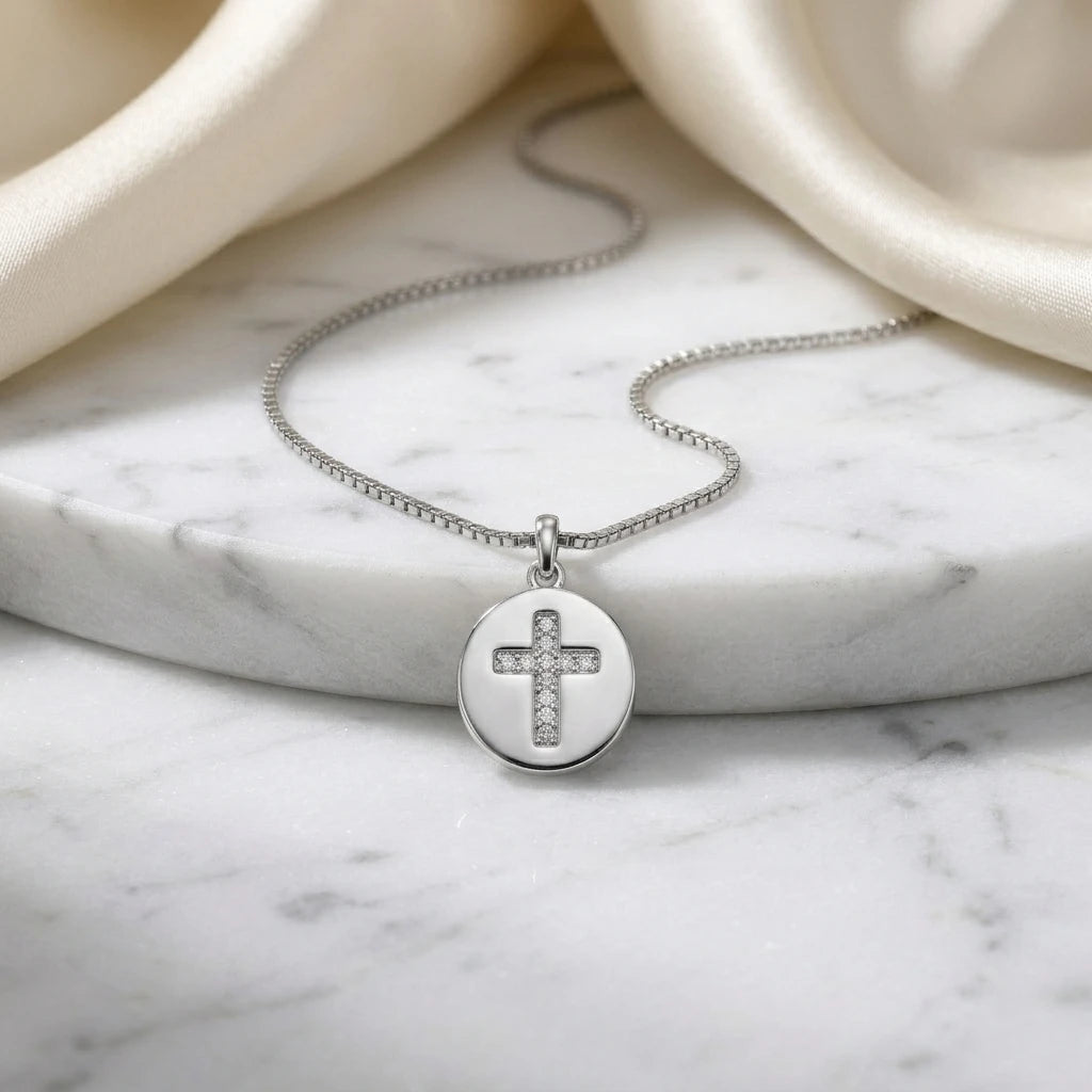 Religious Studded Zirconia Cross Pendant Necklace - White Rhodium Plated