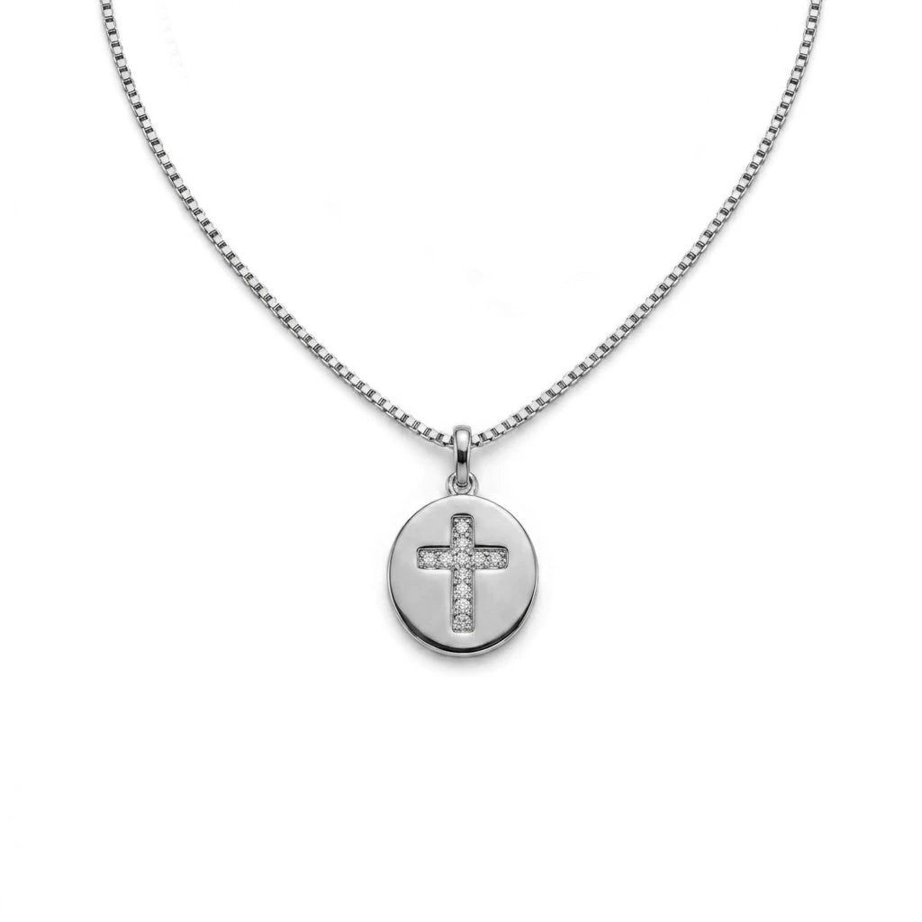Religious Studded Zirconia Cross Pendant Necklace - White Rhodium Plated