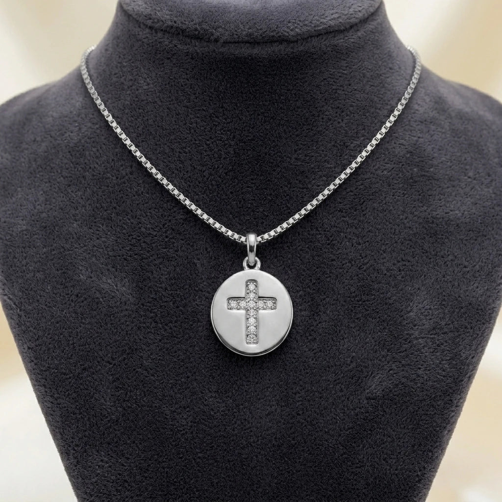 Religious Studded Zirconia Cross Pendant Necklace - White Rhodium Plated