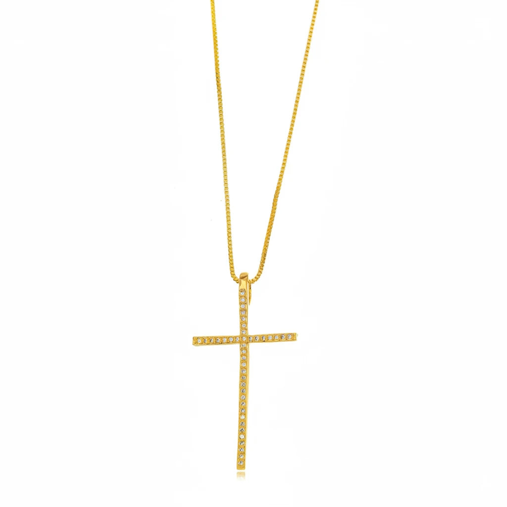 Religious Cross Studded Zirconia Pendant Necklace -18K Gold Plated