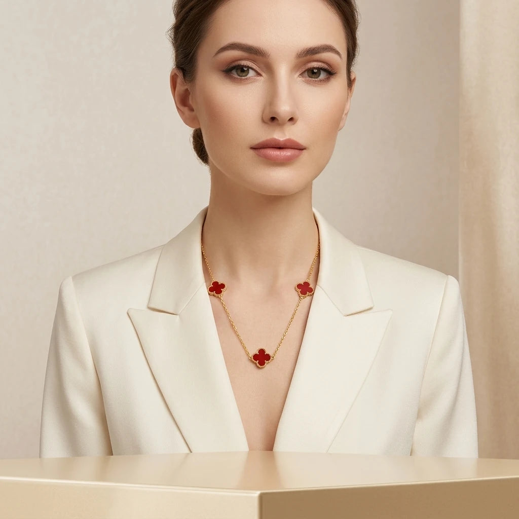 Red Three Lucky Clover - 18K Gold Plated - Choker - 36cm