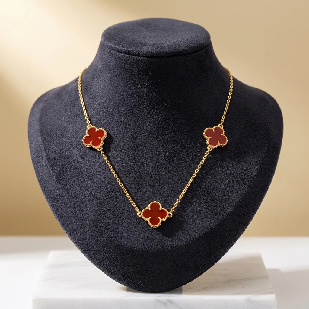 Red Three Lucky Clover - 18K Gold Plated - Choker - 36cm