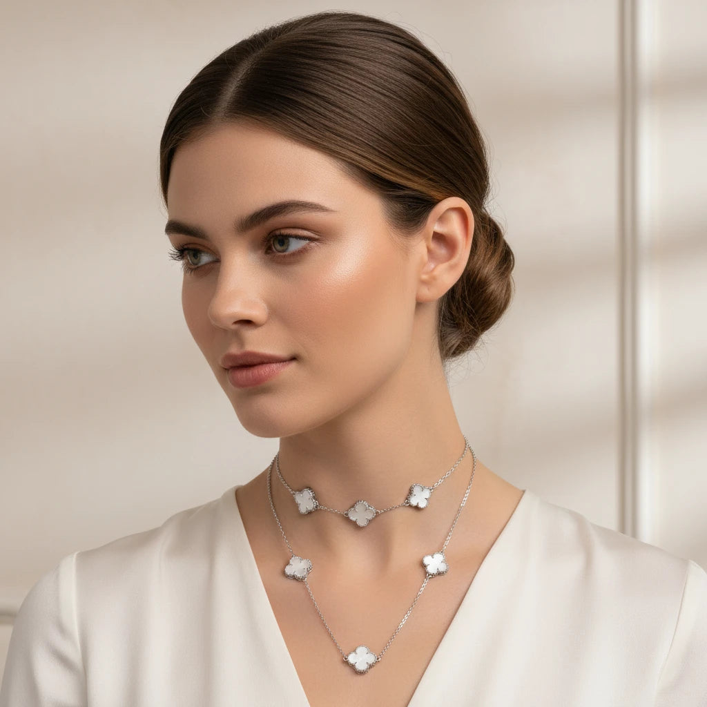 White Three Lucky Clover - White Rhodium Plated - Choker