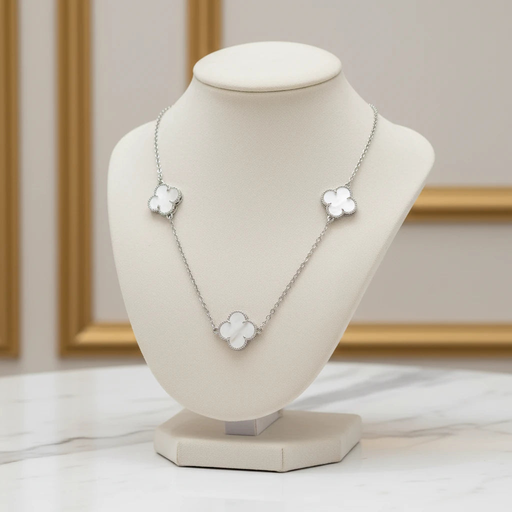 White Three Lucky Clover - White Rhodium Plated - Choker