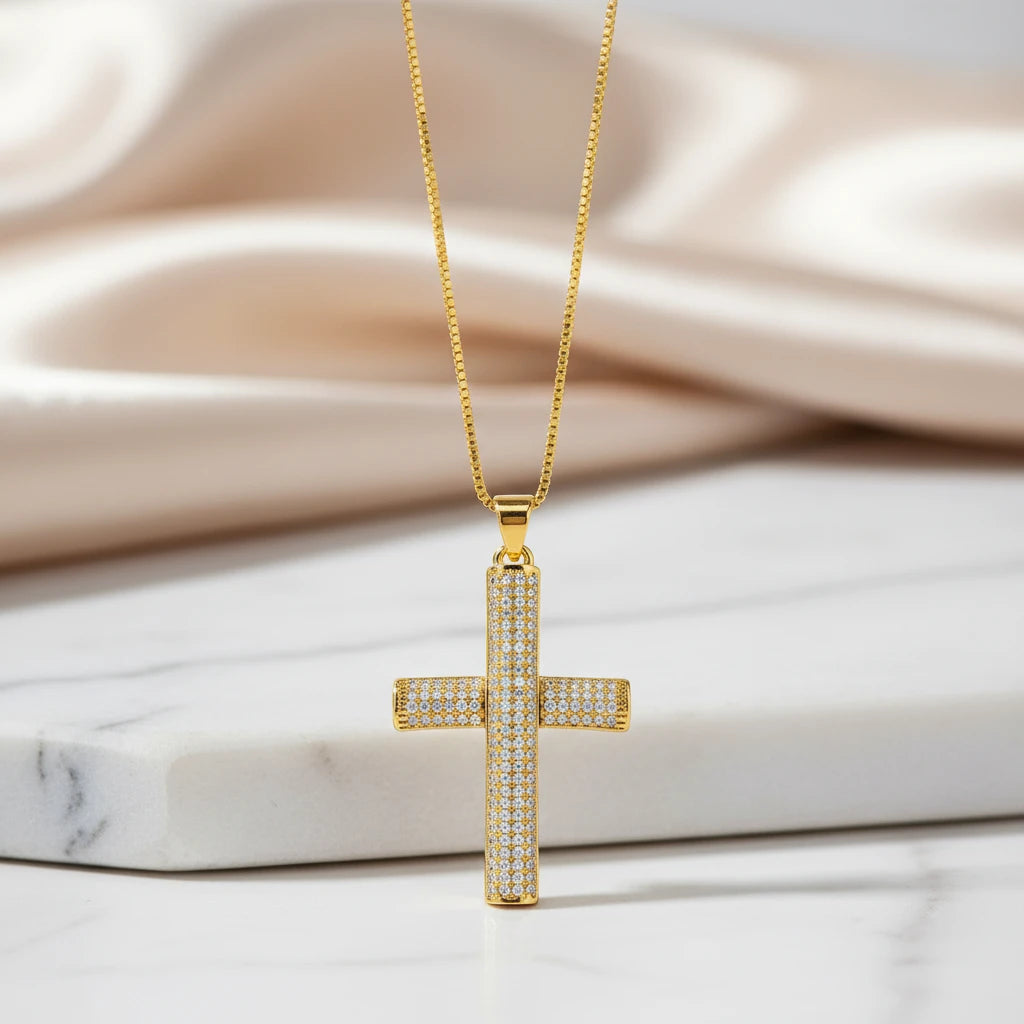 Religious Cross Studded Zirconia Pendant Necklace - 18K Gold Plated
