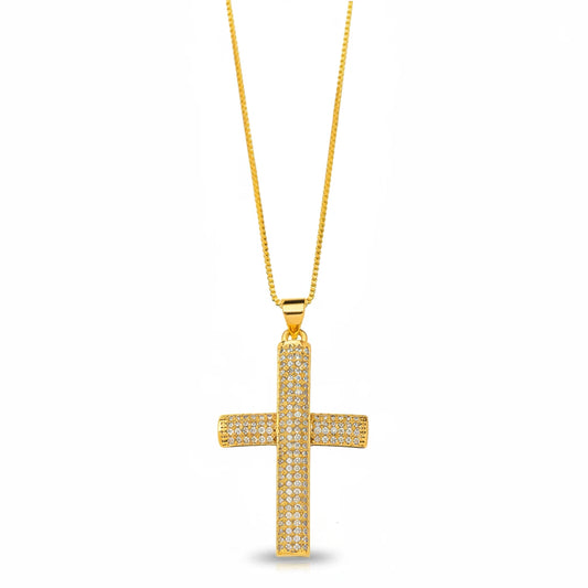 Religious Cross Studded Zirconia Pendant Necklace - 18K Gold Plated