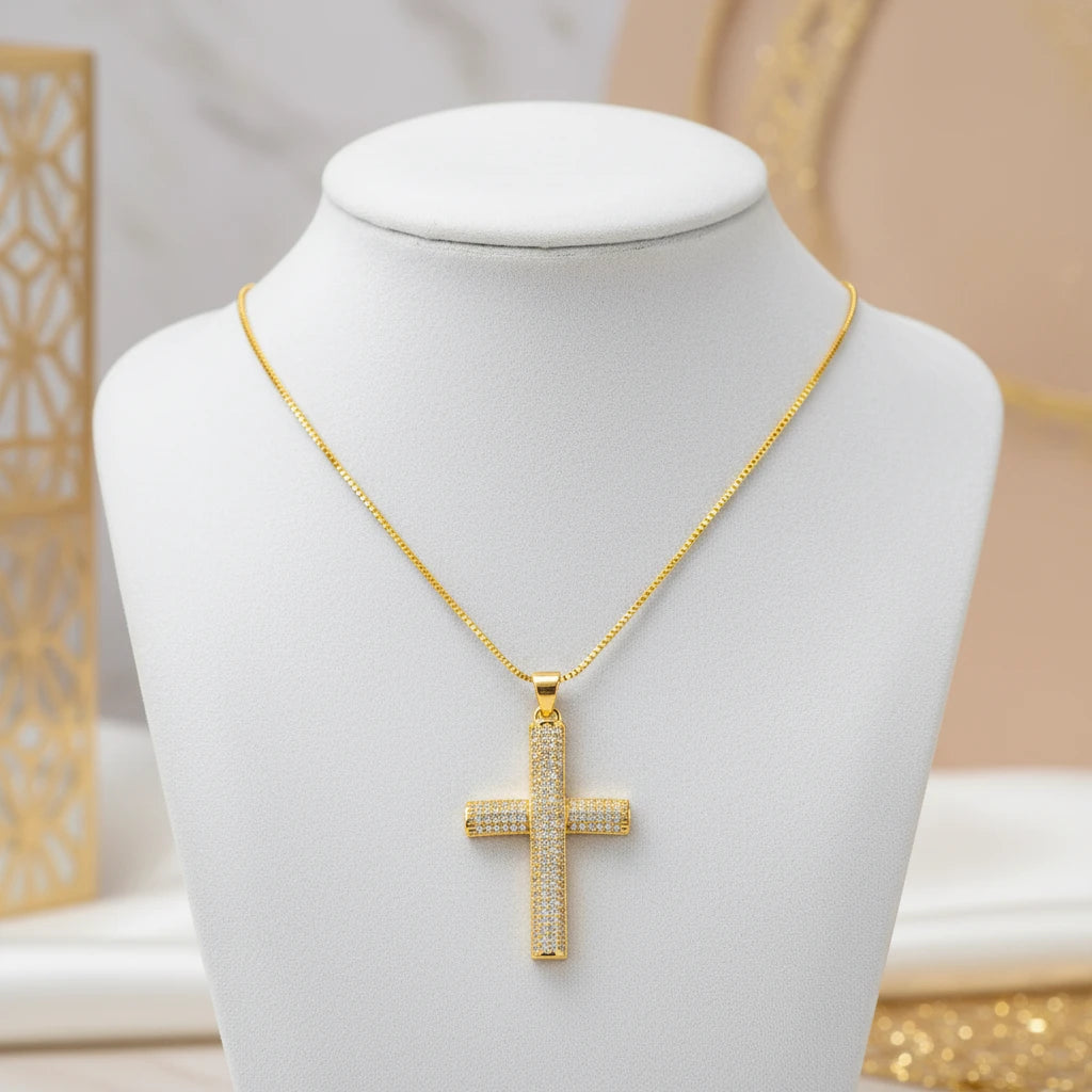 Religious Cross Studded Zirconia Pendant Necklace - 18K Gold Plated