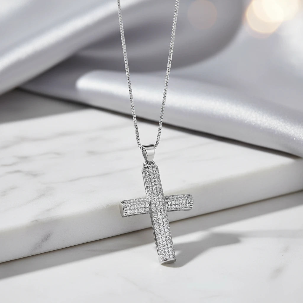 Religious Cross Studded Zirconia Pendant Necklace - White Rhodium Plated