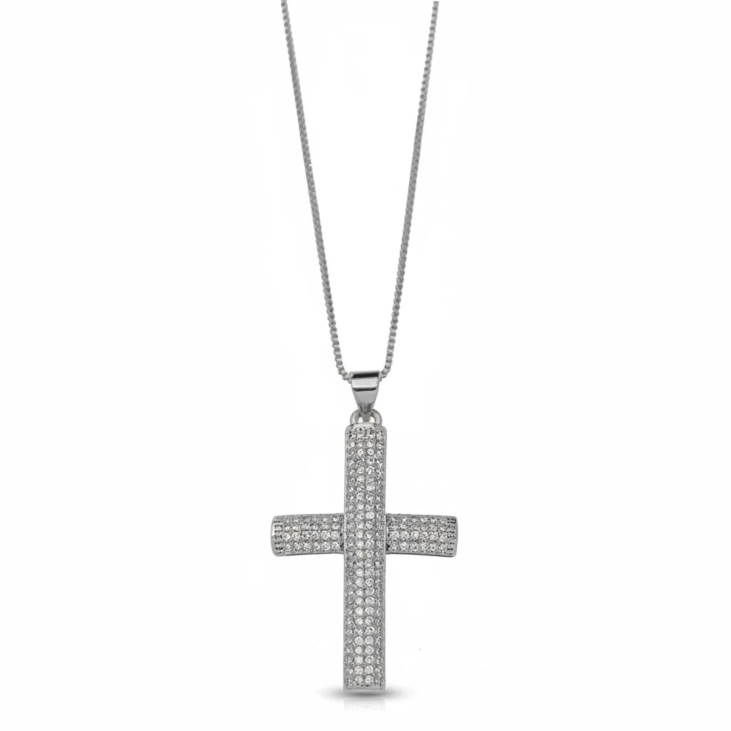 Religious Cross Studded Zirconia Pendant Necklace - White Rhodium Plated