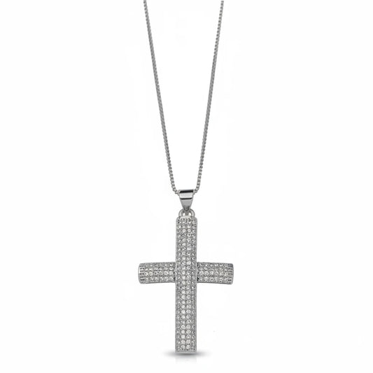 Religious Cross Studded Zirconia Pendant Necklace - White Rhodium Plated