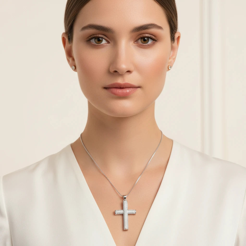 Religious Cross Studded Zirconia Pendant Necklace - White Rhodium Plated
