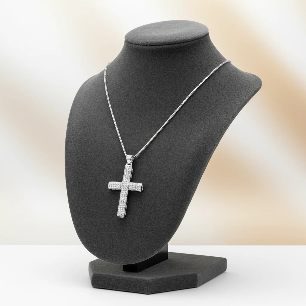 Religious Cross Studded Zirconia Pendant Necklace - White Rhodium Plated