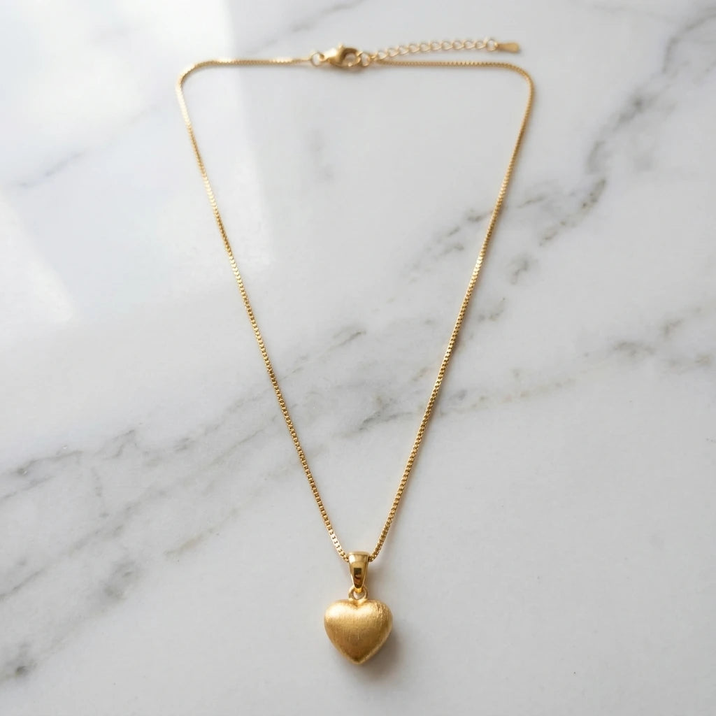 Small Brushed Heart Pendant Necklace -18K Gold Plated