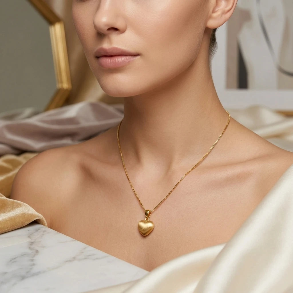 Small Brushed Heart Pendant Necklace -18K Gold Plated