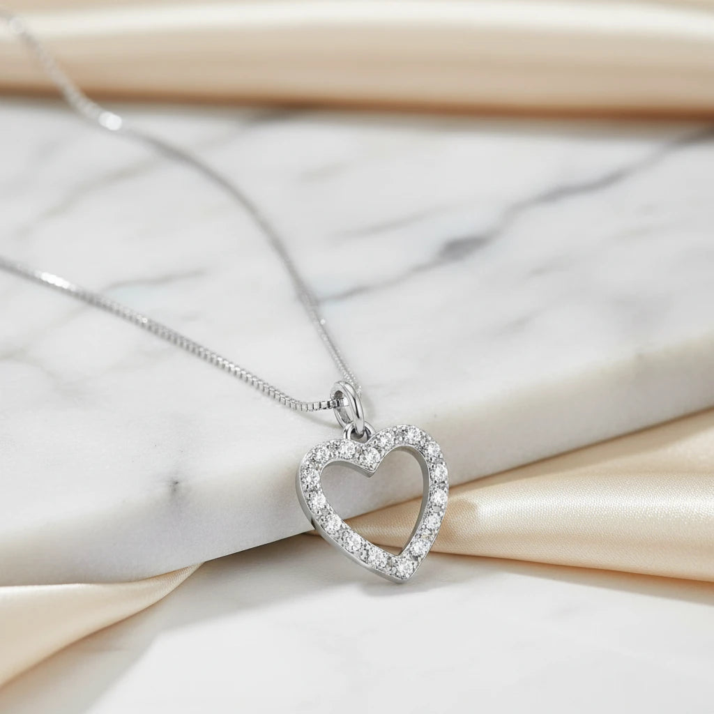 Studded Zirconia Heart Necklace -White Rhodium Plated