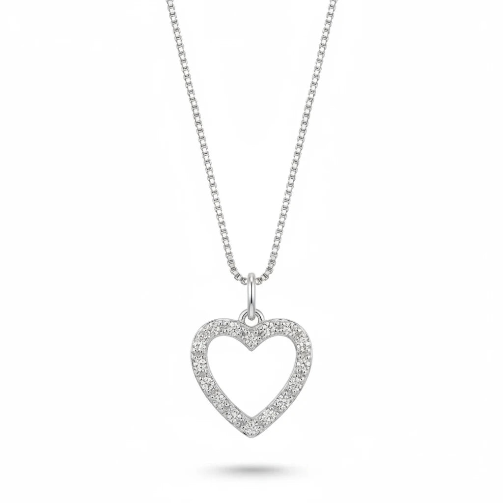 Studded Zirconia Heart Necklace -White Rhodium Plated