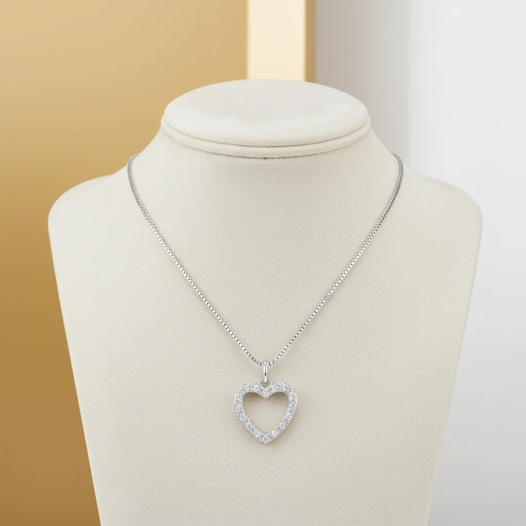 Studded Zirconia Heart Necklace -White Rhodium Plated