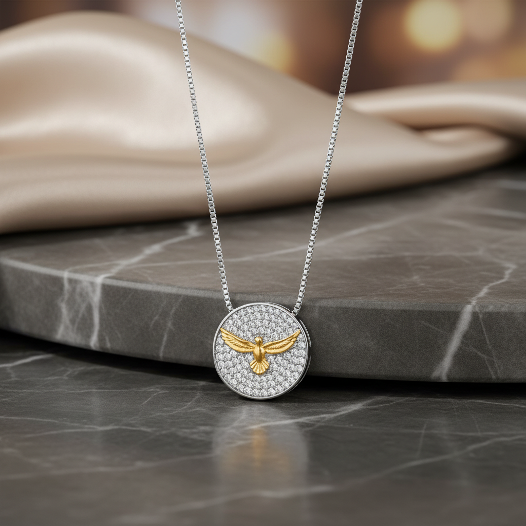 Holy Spirit in Studded Pendant Necklace - White Rhodium Plated