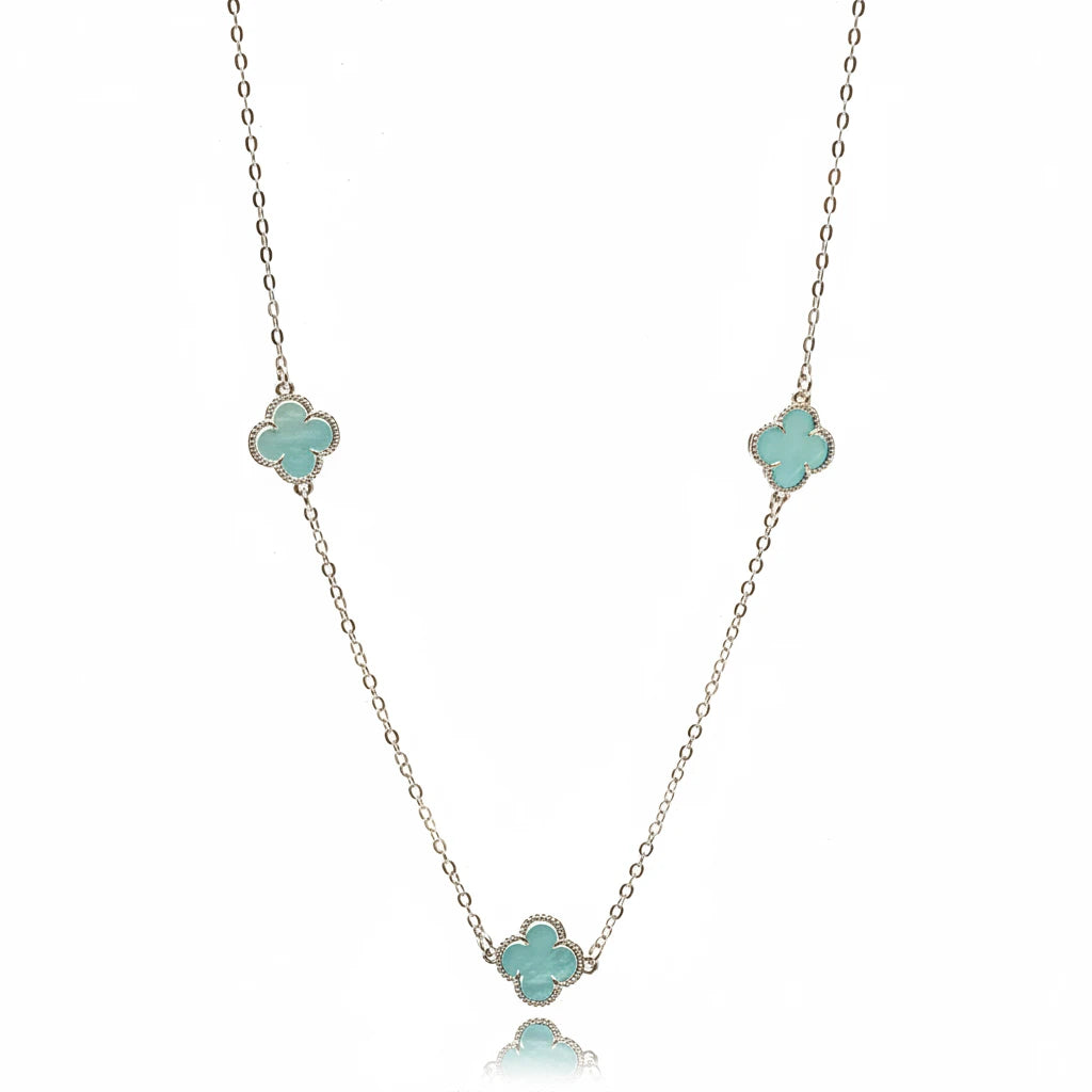 Blue Three Lucky Clover - White Rhodium Plated - Choker