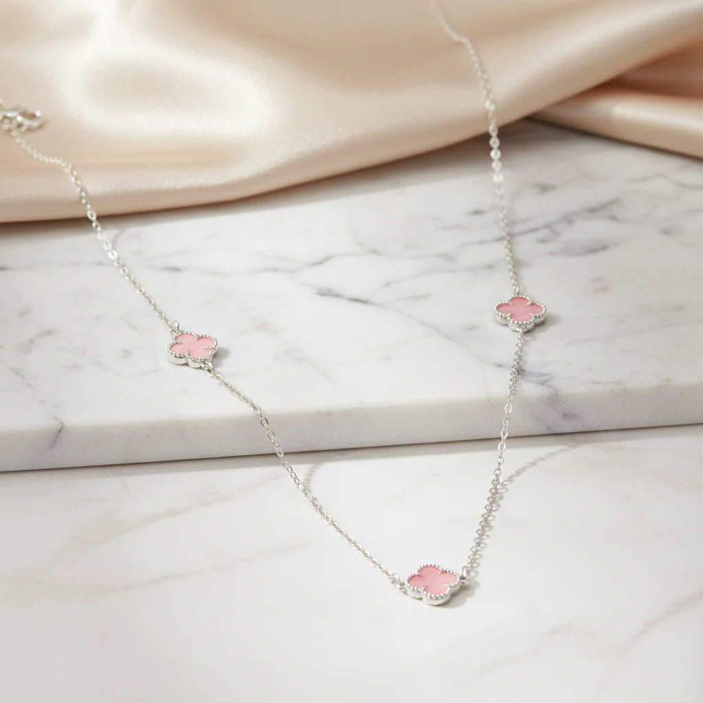 Pink Three Lucky Clover - White Rhodium Plated - Choker