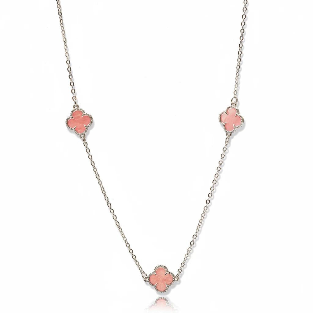 Pink Three Lucky Clover - White Rhodium Plated - Choker