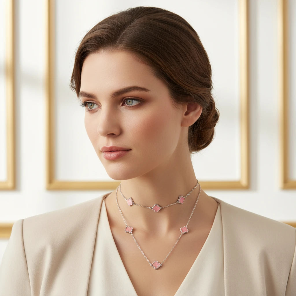 Pink Three Lucky Clover - White Rhodium Plated - Choker