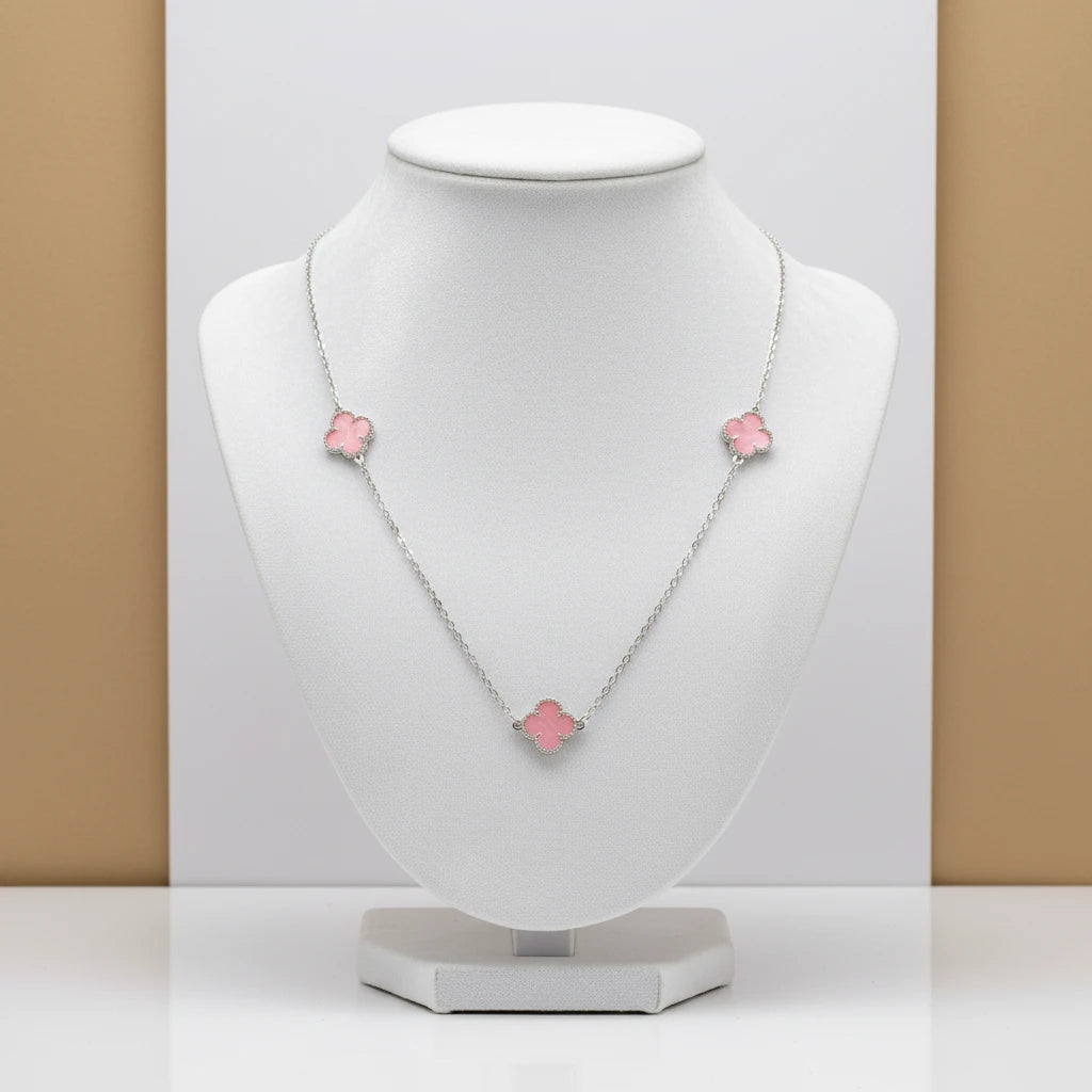 Pink Three Lucky Clover - White Rhodium Plated - Choker