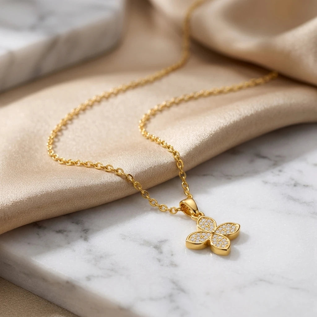 Studded Zirconia Clover Necklace -18K Gold Plated