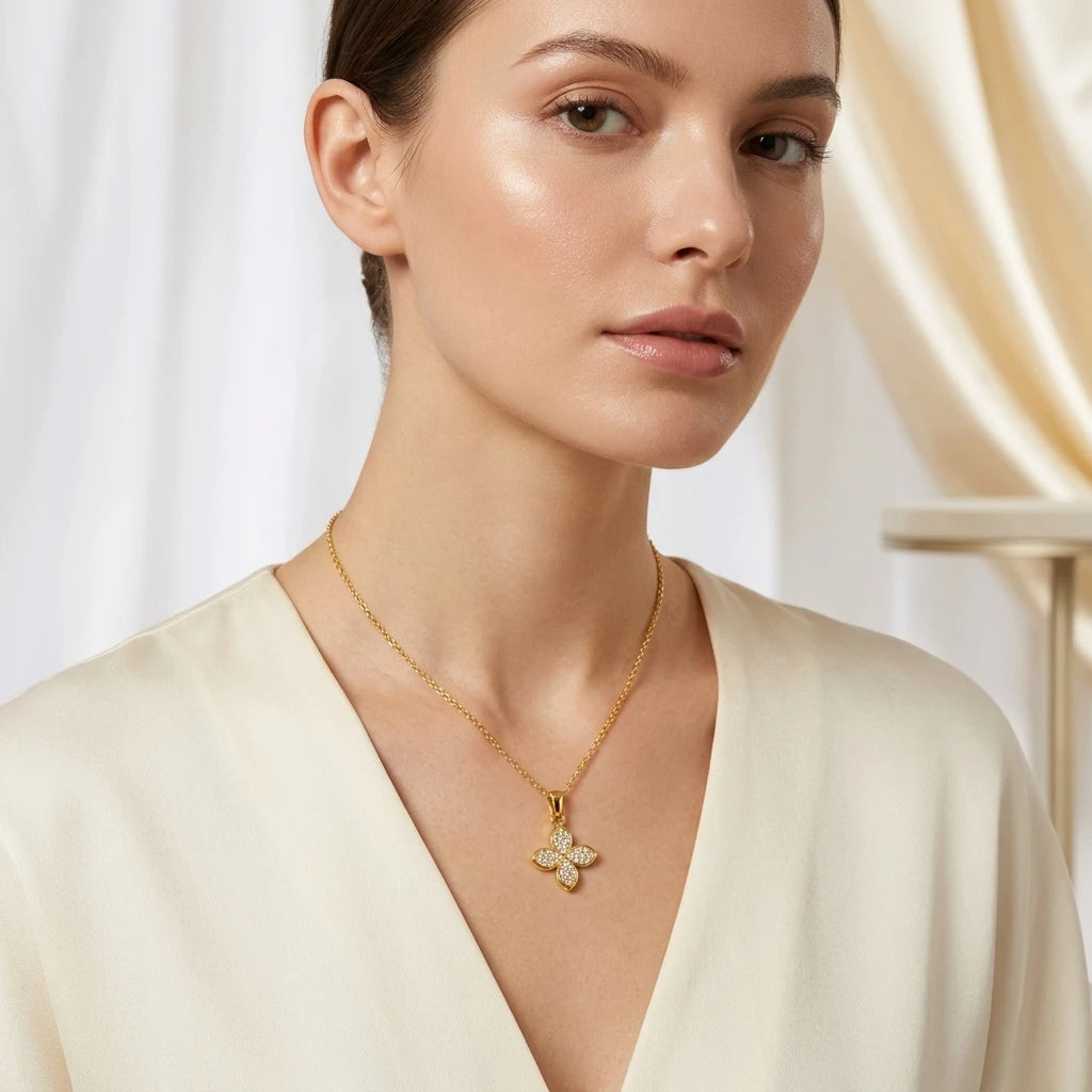 Studded Zirconia Clover Necklace -18K Gold Plated