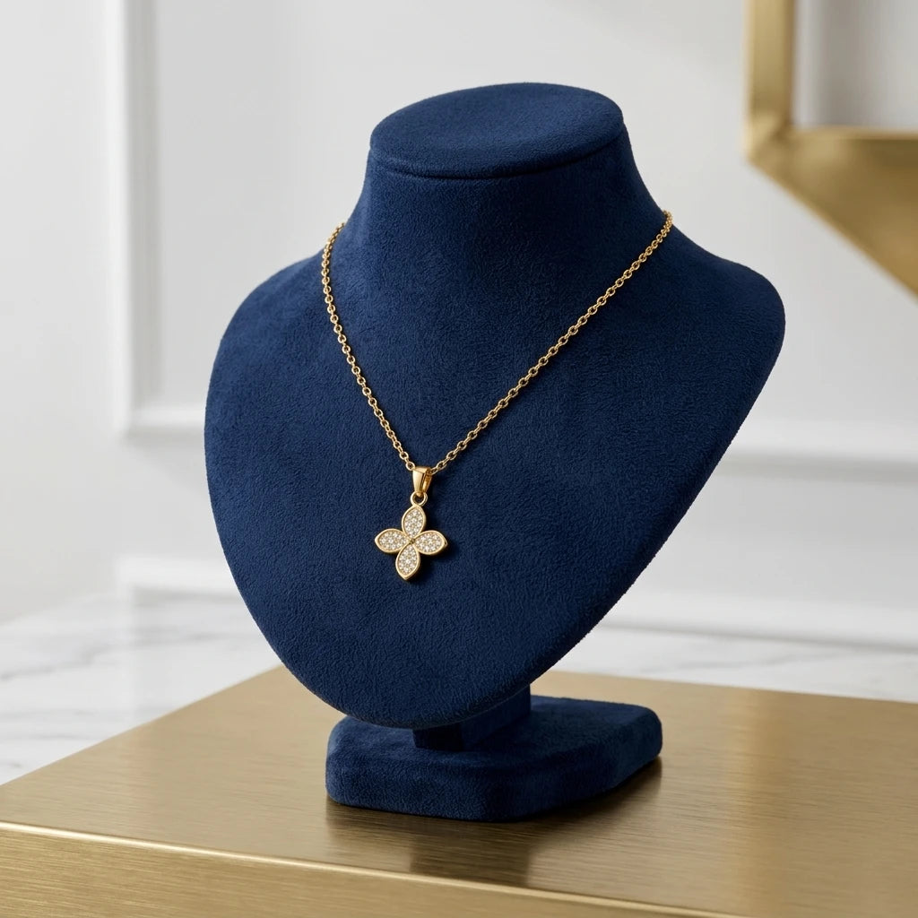 Studded Zirconia Clover Necklace -18K Gold Plated
