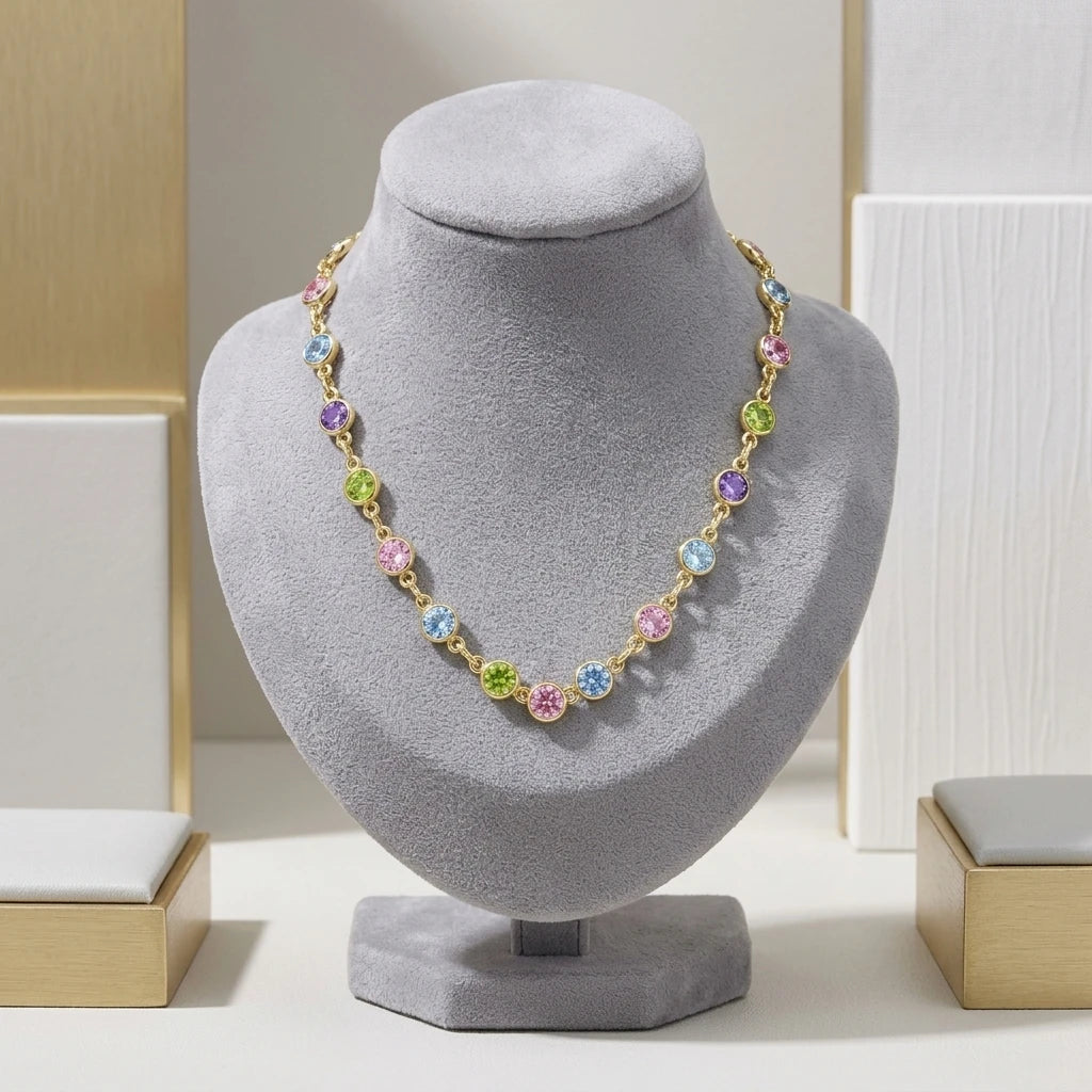 Small Colorful Zirconia Kids Necklace - 18K Gold Plated