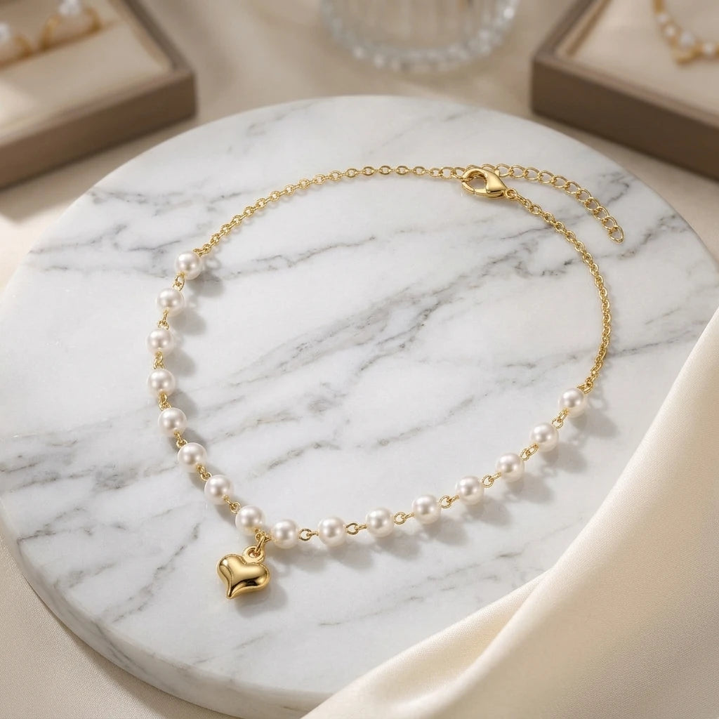 Delicate Pearls with Heart Pendant Kids Necklace - 18K Gold Plated