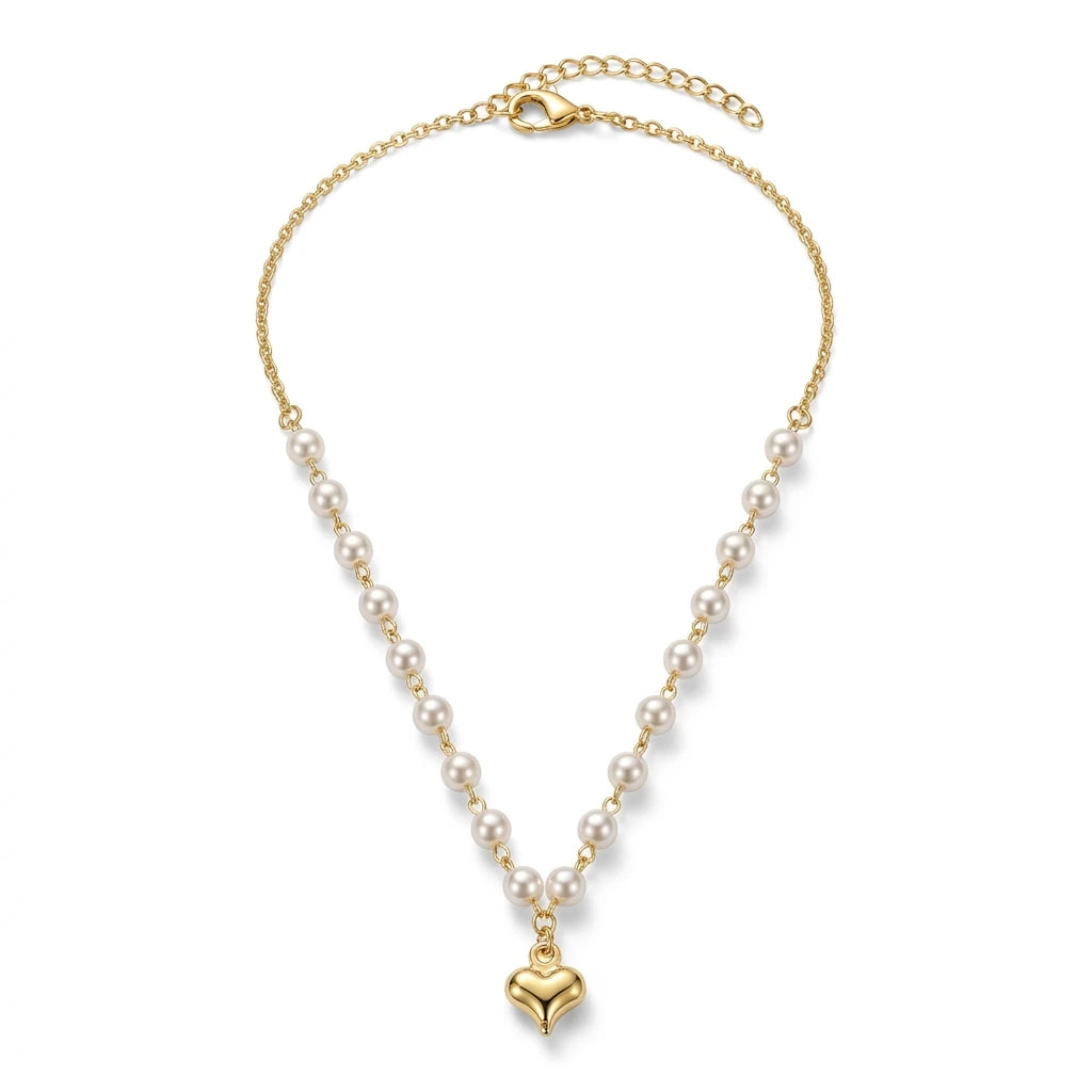 Delicate Pearls with Heart Pendant Kids Necklace - 18K Gold Plated