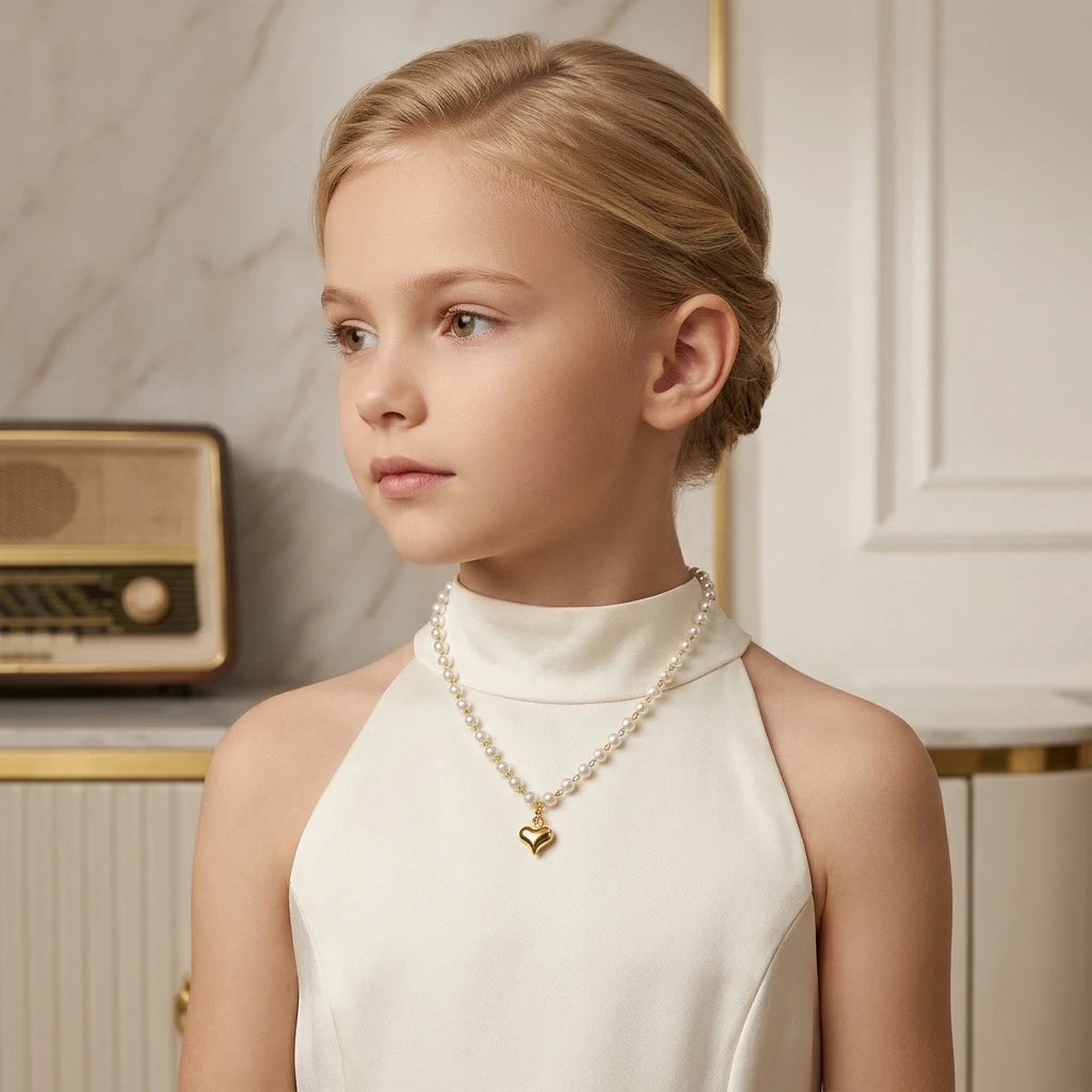 Delicate Pearls with Heart Pendant Kids Necklace - 18K Gold Plated